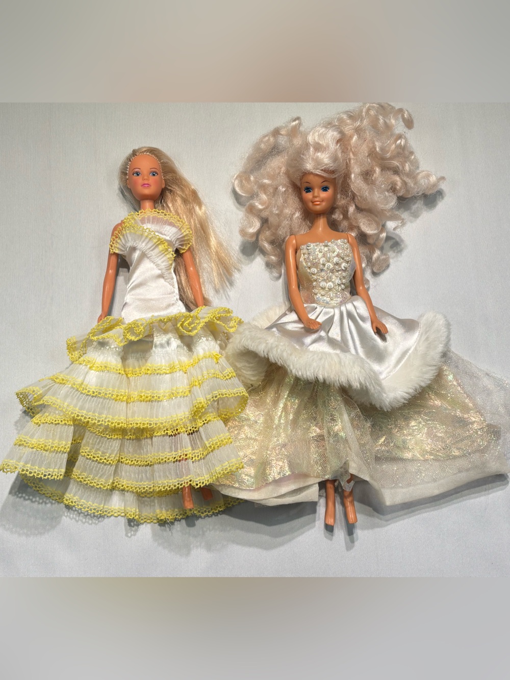 Clone Doll Duo - Elegant Ruffled & Fur-Trimmed Gowns